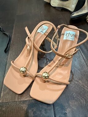 DV by Dolce Vita Zeal Nude Tan Strappy Block Heel Sandals with Gold Accent